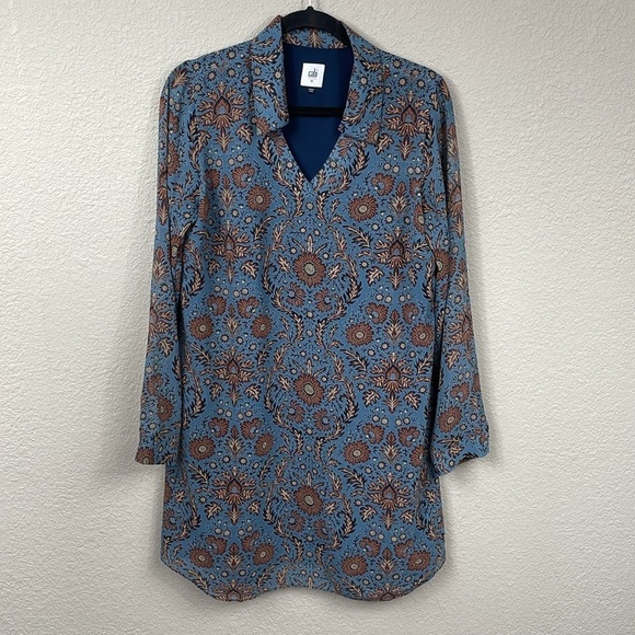 CAbi Provincial Tunic Long Sleeve Dress Boho Floral Teal Blue Brown Sz M - Picture 4 of 13